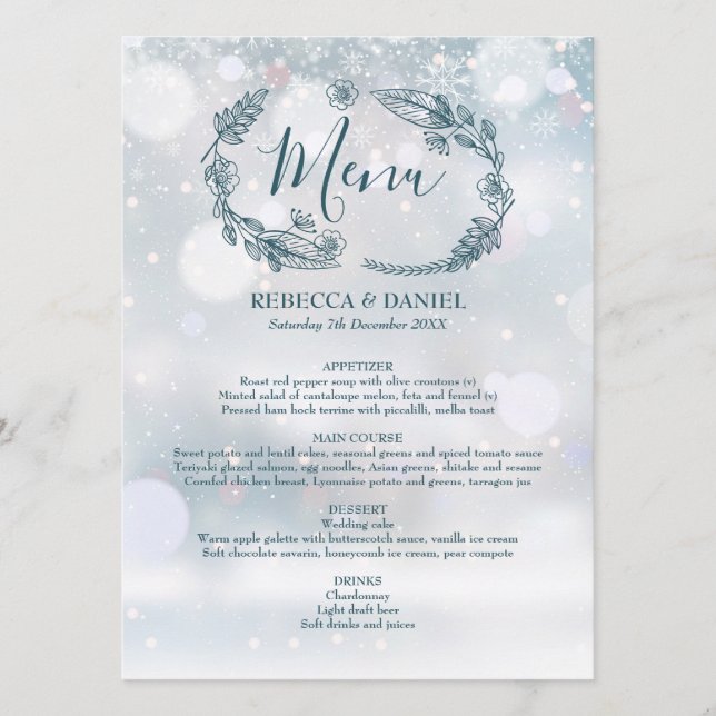 Menu Casamento Floral Russo Flocos de Neve de inverno (Frente)