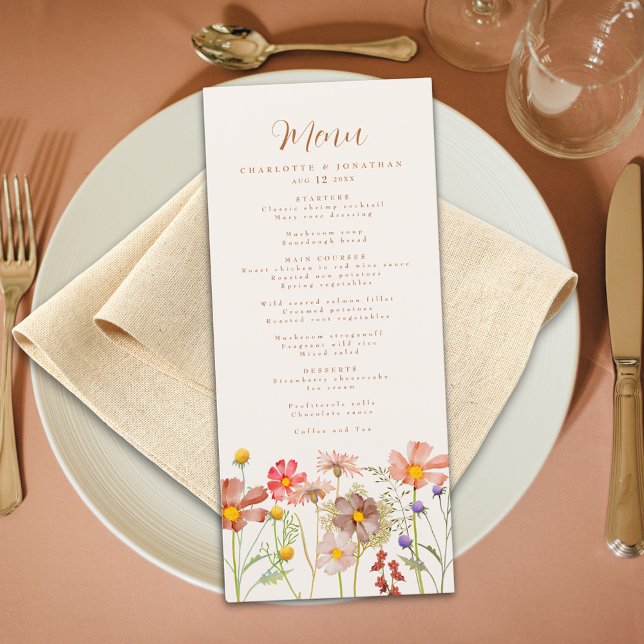Menu Casamento Floral Rústico de Outono Boho (Boho floral rustic fall wedding menu burnt orange script watercolor wildflowers beige cream ivory)
