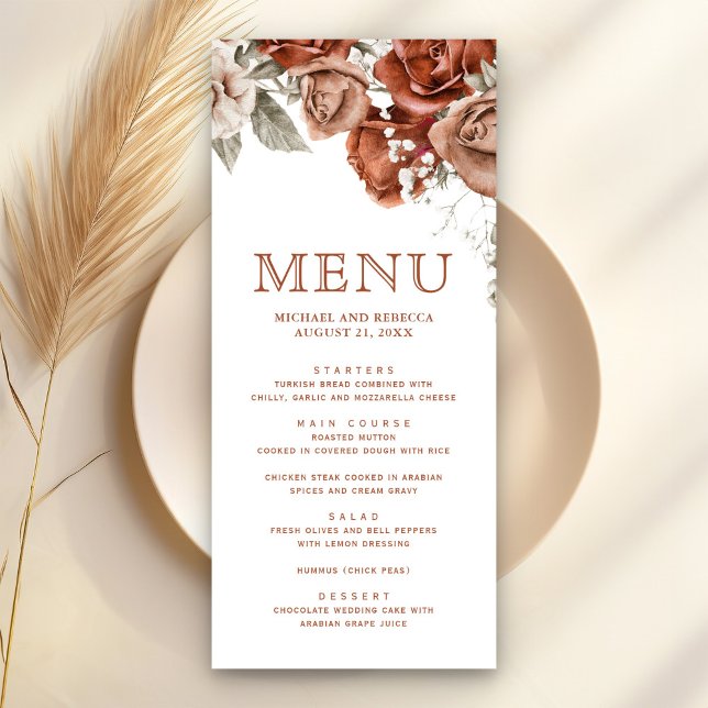 Menu Casamento Floral Terracotta - Rosas Laranja Queima (Criador carregado)