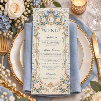 Menu Casamento Floral Toile Azul Poeirento Vintage Bran