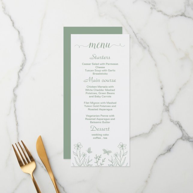 Menu Casamento floral verde de sábio simples (Frente/Verso In Situ)