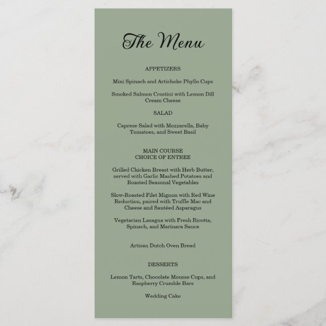 Menu Casamento Floral Verde de Swirl Sage Ornamentado E (Frente)