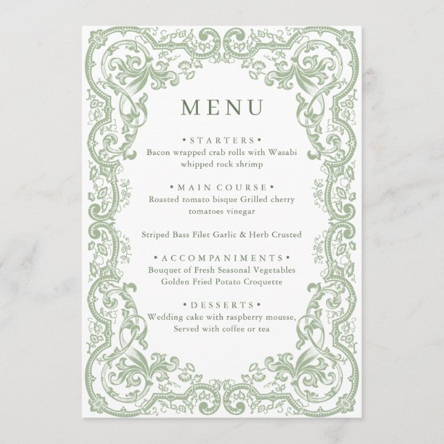 Menu Casamento Floral Verde do Ornamentado Renascentist (Frente)