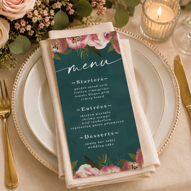 Menu Casamento Floral Verde Teal Profundo Blooming Chic (Elegant dark teal and floral reception menus)
