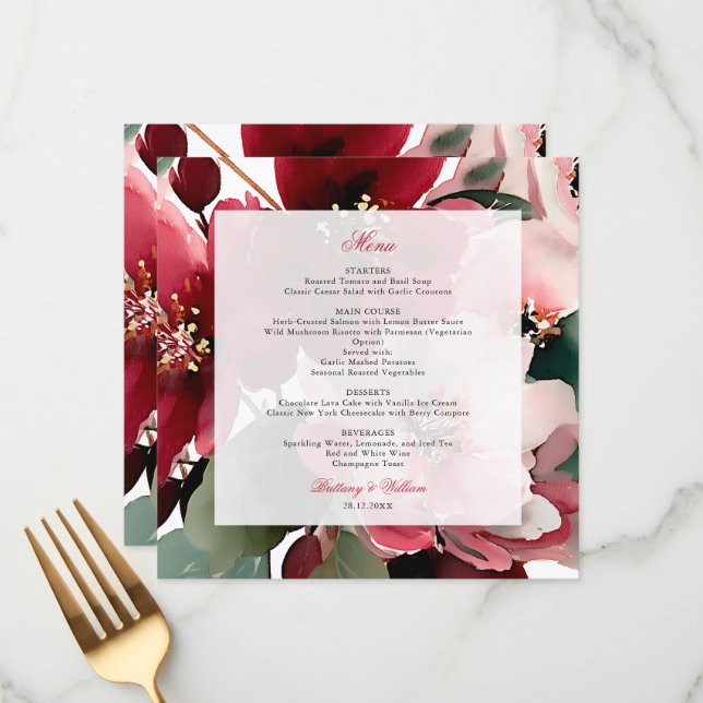 Menu Casamento Floral Vermelho com Tema de Natal (Frente/Verso In Situ)
