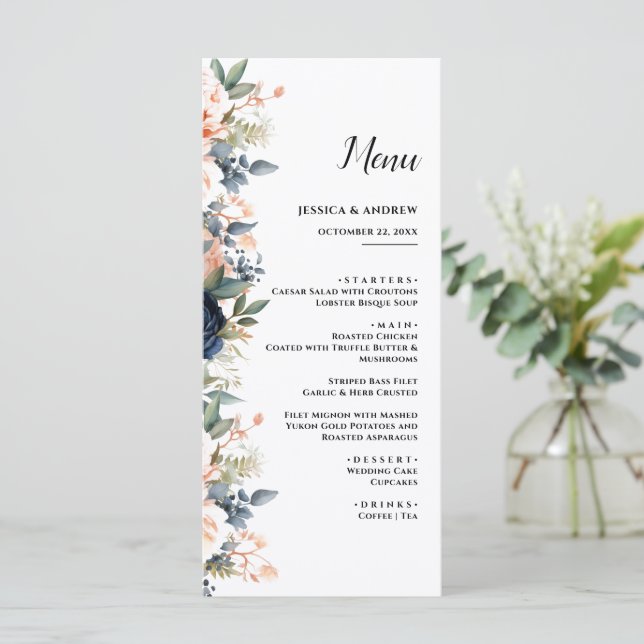 Menu casamento floral vermelho e azul-marinho moderno (Em pé/Frente)