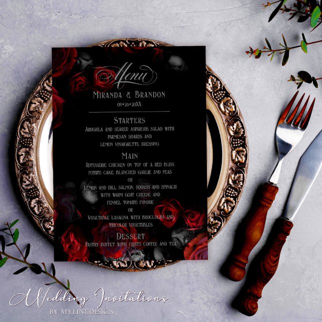 Menu Casamento Floral Vermelho e Preto Personalizado El (Criador carregado)