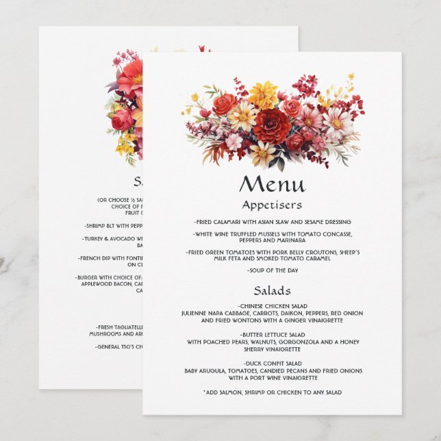 Menu Casamento Floral Vermelho Luxuriante (Frente/Verso)