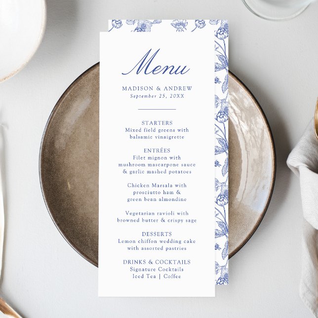 Menu Casamento Floral Vitoriano de Chinoiserie Azul Ele (Criador carregado)