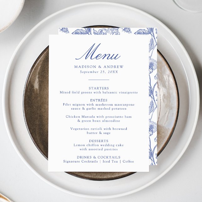 Menu Casamento Floral Vitoriano de Chinoiserie Azul Ele (Criador carregado)