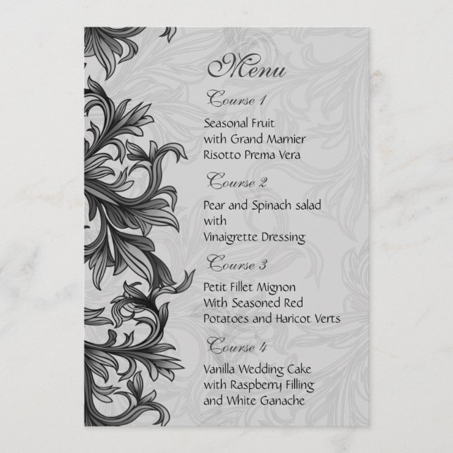 Menu Casamento florescente de Cinzas pretas e prateadas (Frente)