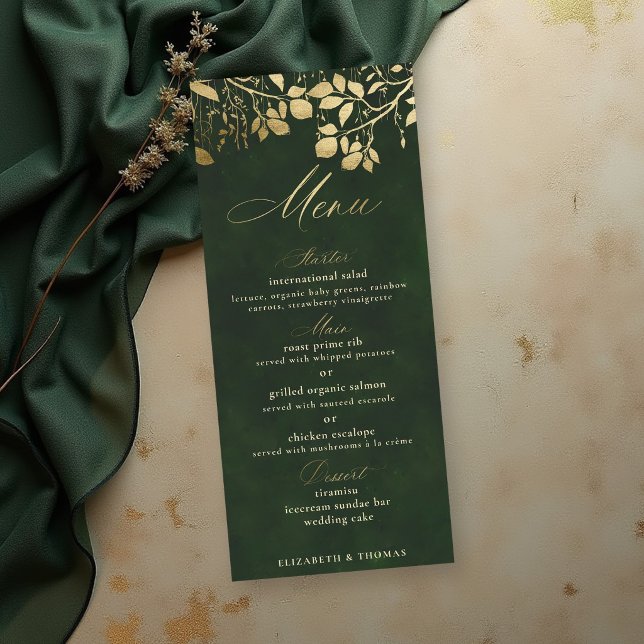 Menu Casamento Floresta Encantada Folhagem Dourada Caça (enchanted forest wedding theme menu card gold foliage hunter green gold elegant)
