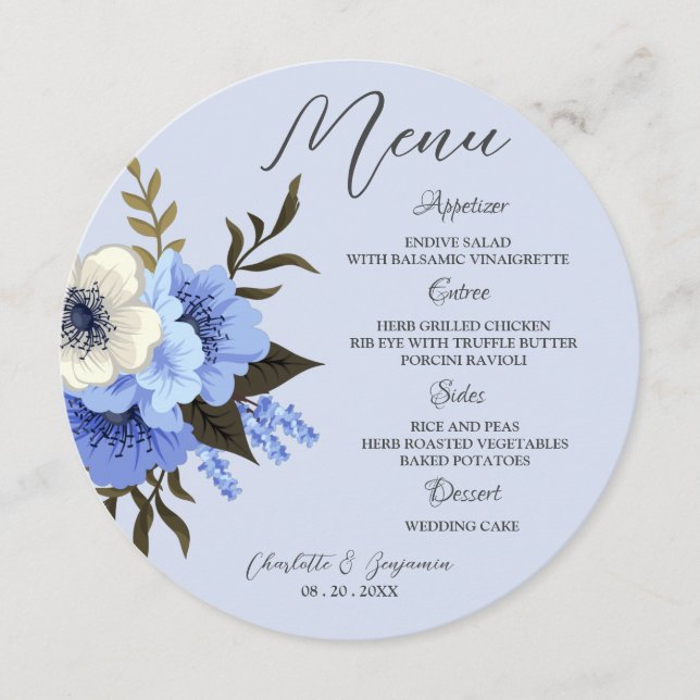 Menu Casamento Fluvial Floral Azul Elegante (Frente)