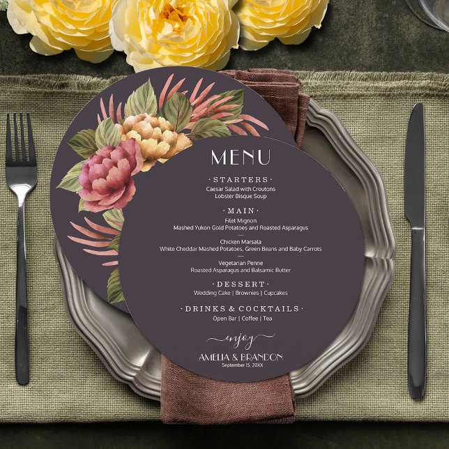 Menu Casamento Fluvial Floral de Aquarela Elegante (Elegant moody dramatic watercolor floral round 2-sided wedding menu)