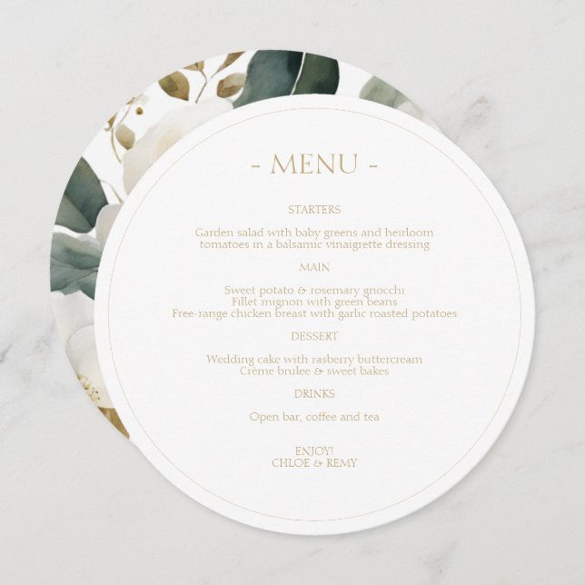Menu Casamento Foliage & Floral Watercolor (Frente/Verso)