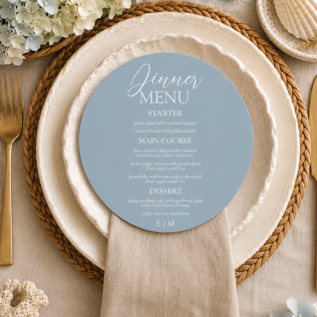 Menu Casamento Formal Azul Poento Roteiro Moderno (Modern Script Dusty Blue Formal Wedding Menu)