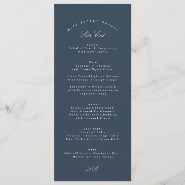 Menu Casamento Formal Caligrafia Azul Naval Clássico (Frente)