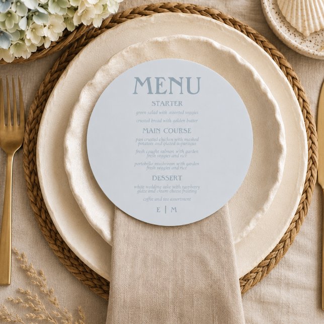 Menu Casamento Formal Circular Script Azul Costeiro (Coastal Blue Script Circular Formal Wedding Menu)