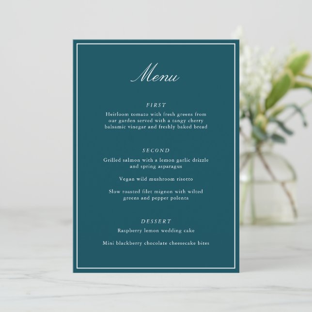 Menu Casamento Formal Clássico com Borda em Azul Esverd (Em pé/Frente)