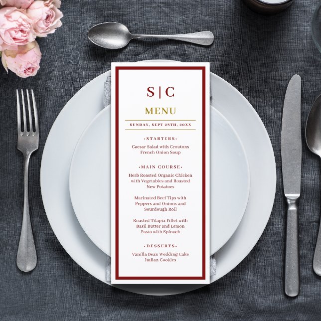 Menu Casamento Formal Clássico com Monograma em Borgonh (Burgundy and gold monogram wedding menu adds elegant charm to your formal table setting.)