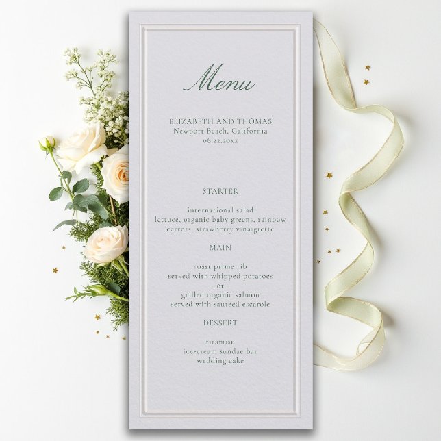 Menu Casamento Formal Clássico Verde Quadro Elevado Mar (formal wedding menu modern classic ivory double frame sage green calligraphy)