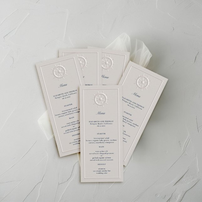 Menu Casamento Formal Da Roda Costeira Faux (coastal wedding menu card faux embossed boat helm double frame modern classic navy ivory elegant)