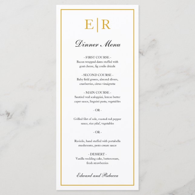 Menu Casamento Formal de Monograma Dourado Elegante Sim (Frente)