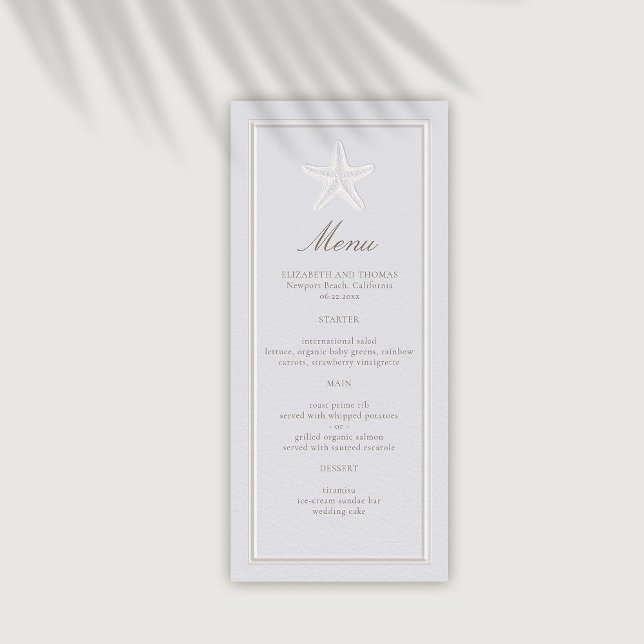 Menu Casamento Formal De Starfish Costeiro Faux Embosse (coastal wedding menu classic formal traditional frame faux embossed starfish nautical beach)