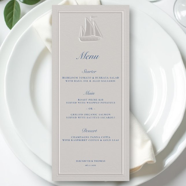 Menu Casamento Formal Elegante de Barco à Vela Náutico  (coastal wedding menu nautical sailboat formal traditional double frame modern classic ivory )
