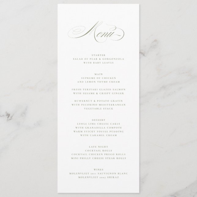 Menu Casamento Formal Elegante De Caligrafia Sage Green (Frente)