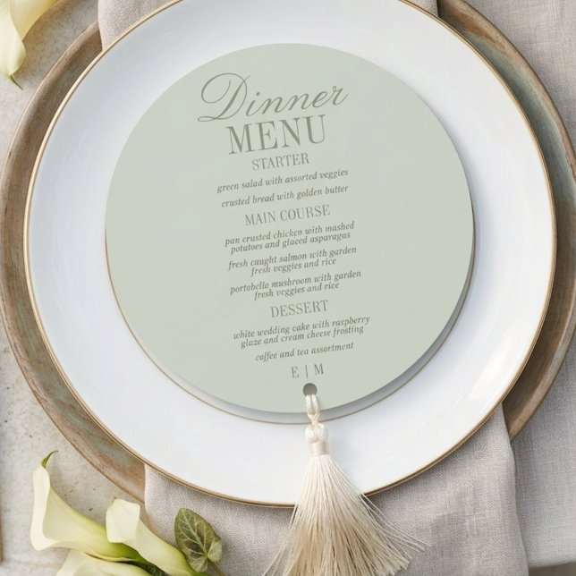 Menu Casamento Formal em Verde Sage com Rótulo Moderno (Modern Script Sage Green Formal Wedding Menu)