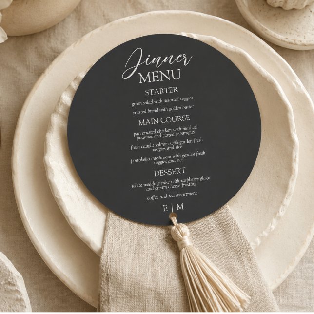 Menu Casamento Formal Moderno com Letra em Carvão e Mar (Modern Script Charcoal and Ivory Formal Wedding Menu)