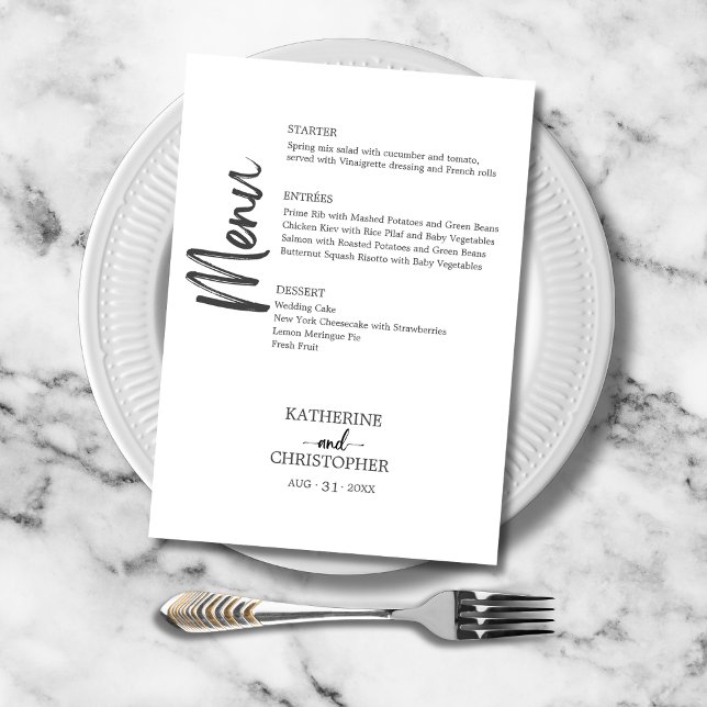 Menu Casamento Formal Preto e Branco com Letra Negrita  (Bold Black and White Vertical Script Wedding Menu with Menu Choices for each course.)