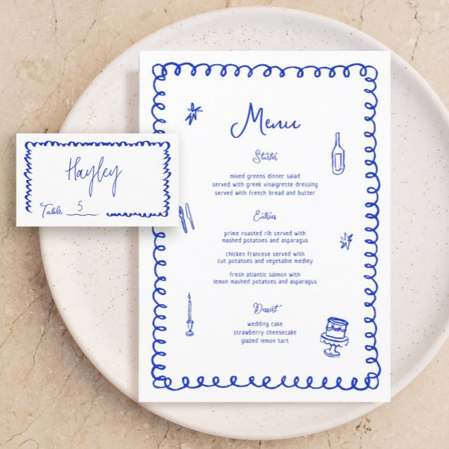 Menu Casamento Francês Azul Imunical Desenhado À Mão (Criador carregado)