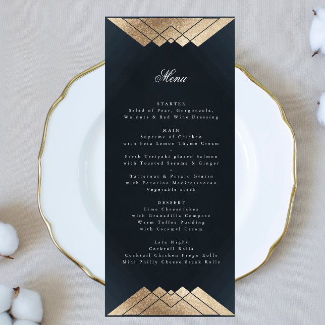 Menu Casamento Gatsby Dourado Geométrico com Azul marin (Criador carregado)