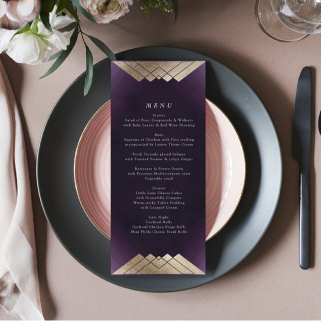 Menu Casamento Gatsby Dourado Roxo-Branco Geométrico (Criador carregado)