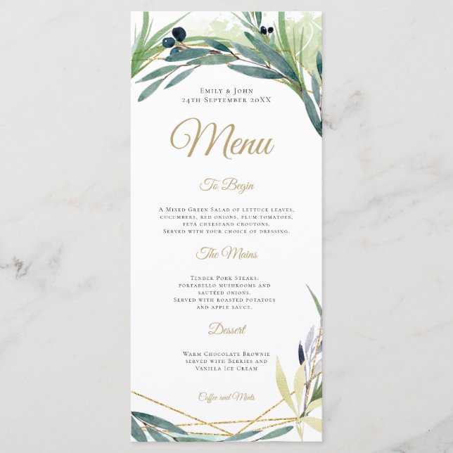 Menu Casamento Geométrico de Folha de Oliva de Aquarela (Frente)