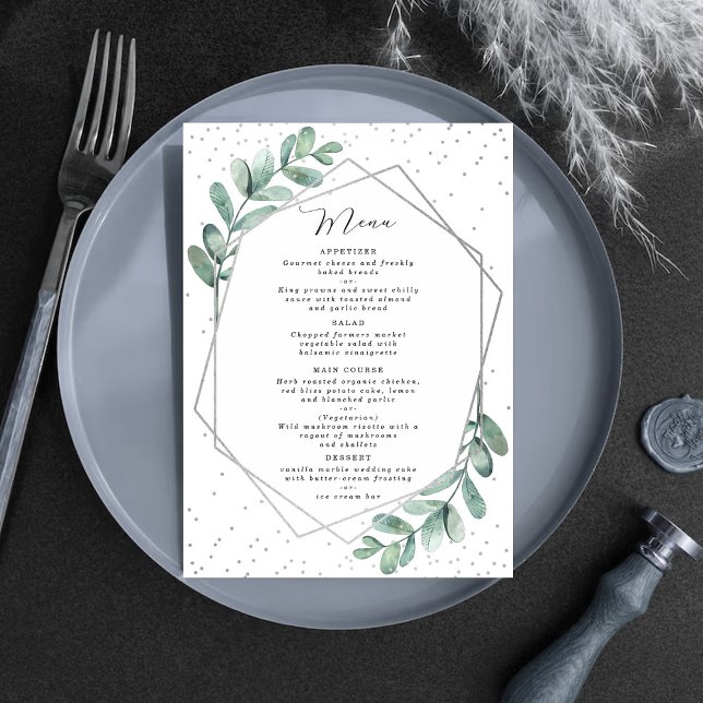 Menu Casamento Geométrico de Folha de Prata Eucalyptus (Criador carregado)
