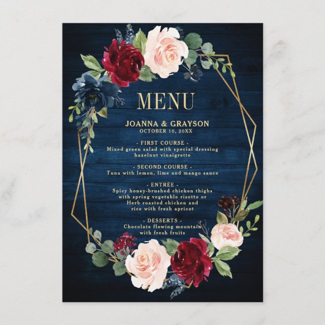 Menu Casamento Geométrico Dourado com Blush Azul-marinh (Frente)