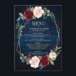 Menu Casamento Geométrico Dourado com Blush Azul-marinh<br><div class="desc">Menu de casamento floral azul-escuro, arrojado, geométrico, com buquê elegante de azul-marinho, azul-real, branco, esbranquiçado, lenhoso, rosa de marsala e folhas verdes de eucalipto sage e elegante quadro neutro geométrico de brilho dourado. Entre em contato comigo para obter ajuda sobre a personalização ou se você precisar de outro produto com...</div>