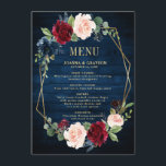 Menu Casamento Geométrico Dourado com Blush Azul-marinh<br><div class="desc">Menu de casamento floral azul-escuro, arrojado, geométrico, com buquê elegante de azul-marinho, azul-real, branco, esbranquiçado, lenhoso, rosa de marsala e folhas verdes de eucalipto sage e elegante quadro neutro geométrico de brilho dourado. Entre em contato comigo para obter ajuda sobre a personalização ou se você precisar de outro produto com...</div>