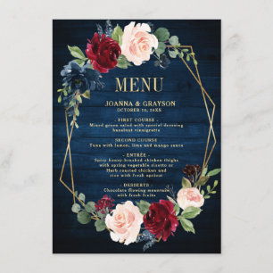 Menu Casamento Geométrico Dourado com Blush Azul-marinh