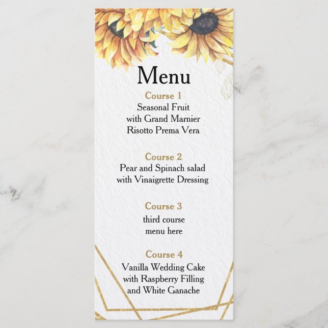 Menu Casamento Geométrico Dourado Russo de Girassol (Frente)
