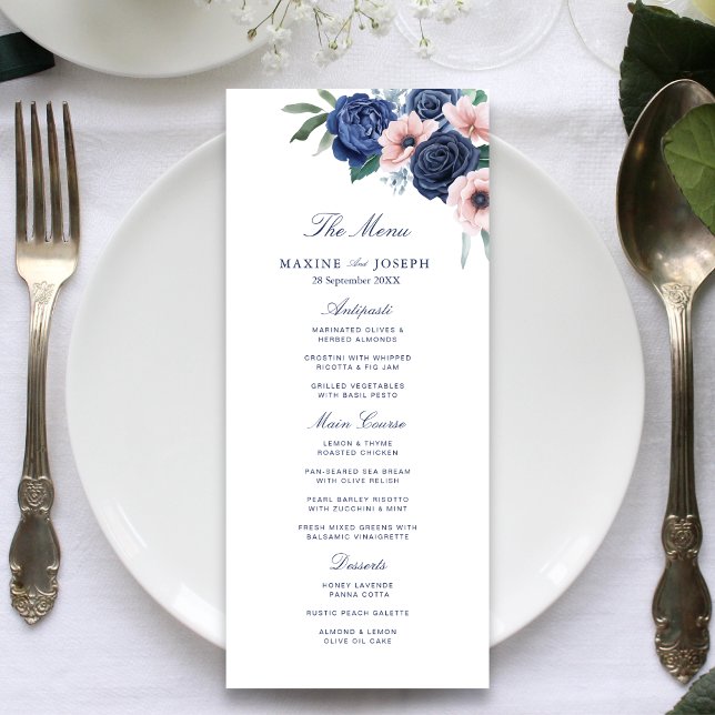 Menu Casamento Geométrico Floral Azul Marinho e Bege (Navy blue and blush floral wedding menu adds elegant charm to every place setting.)