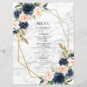 Menu Casamento Geométrico Floral do Mármaco Azul-mari