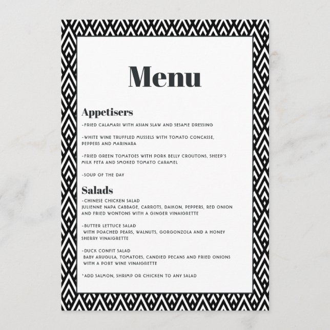 Menu Casamento Geométrico Preto e Branco Moderno (Frente)