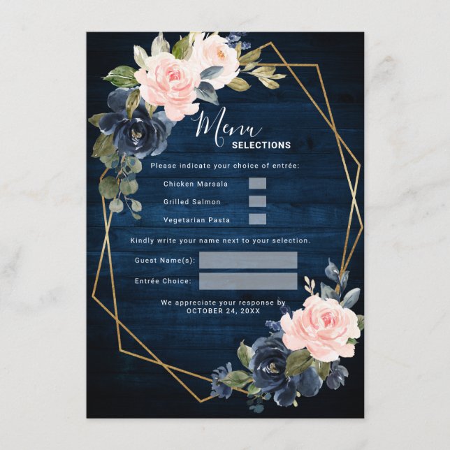 Menu Casamento Geométrico Rustic Wood Marinho Azul Blus (Frente)