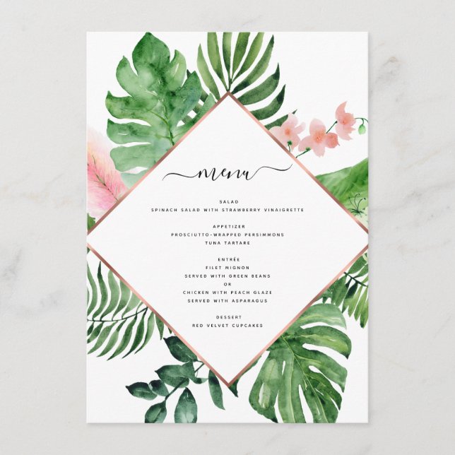 Menu Casamento Geométrico Tropical Palm Watercolor (Frente)