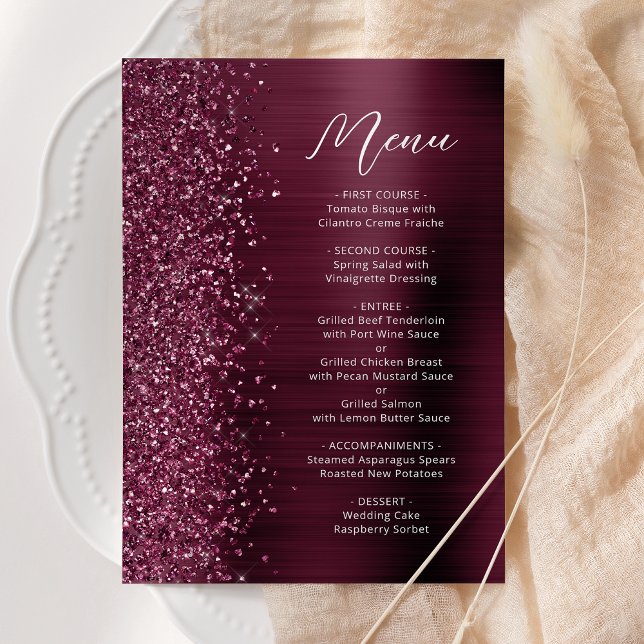 Menu Casamento Glam Glitter Script Borgonha (Criador carregado)