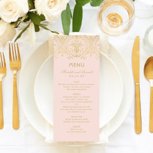 Menu Casamento Glam Vintage Rosa Bege e Dourado Elegant